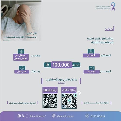 الحالة 260361 خمسيني يعاني سرطانًا في الجهاز العصبي ويحتاج دعمًا يعينه على مواصلة علاجه.