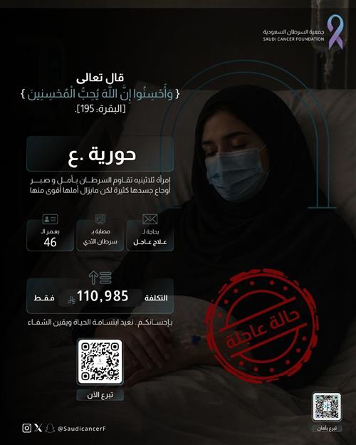 الحاله 260671 سيدة تمر  بسرطان الثدي  تحتاج إلى رعاية مستمرة.