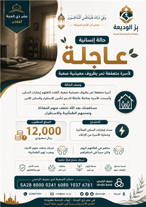حالة إنسانية لأسرة متعففة بحاجة لسداد الإيجار 