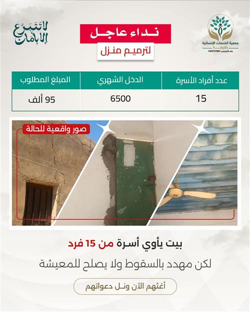 حالة عاجلة ( أسرة مكونة من 15 فرد بيتها مهدد بالسقوط )