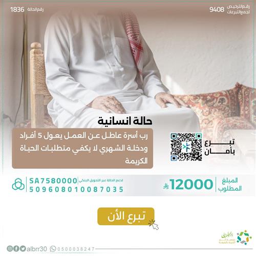 حالة إنسانية "1836" رب أسرة عاطل عن العمل ويعول 5 أفراد