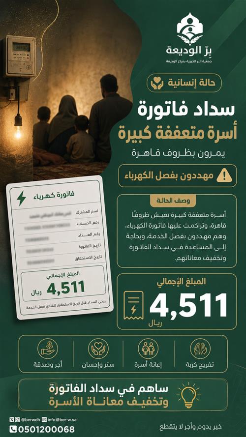 حالة إنسانية سداد فاتورة كهرباء لأسرة متعففة كبيرة