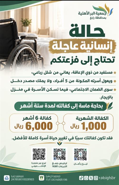 مستفيد من ذوي الإعاقة  يعاني من شلل رباعي يعول أسرته المكوّنة من 5 أفراد ولا يملك مصدر دخل سوى الضمان الاجتماعي فيما تسكن الأسرة في منزل بالإيجار بحاجة الى كفالته لمدة ستة اشهر