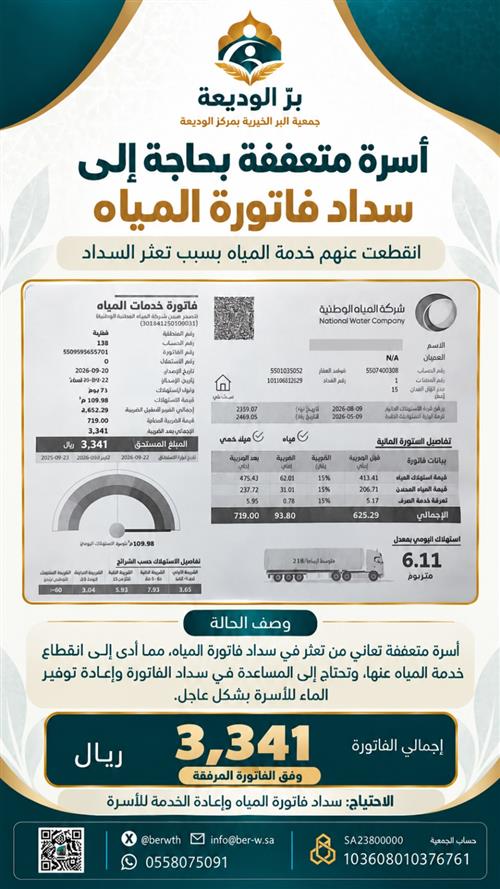 حالة طارئة : سداد فاتورة مياه لأسرة متعففة
