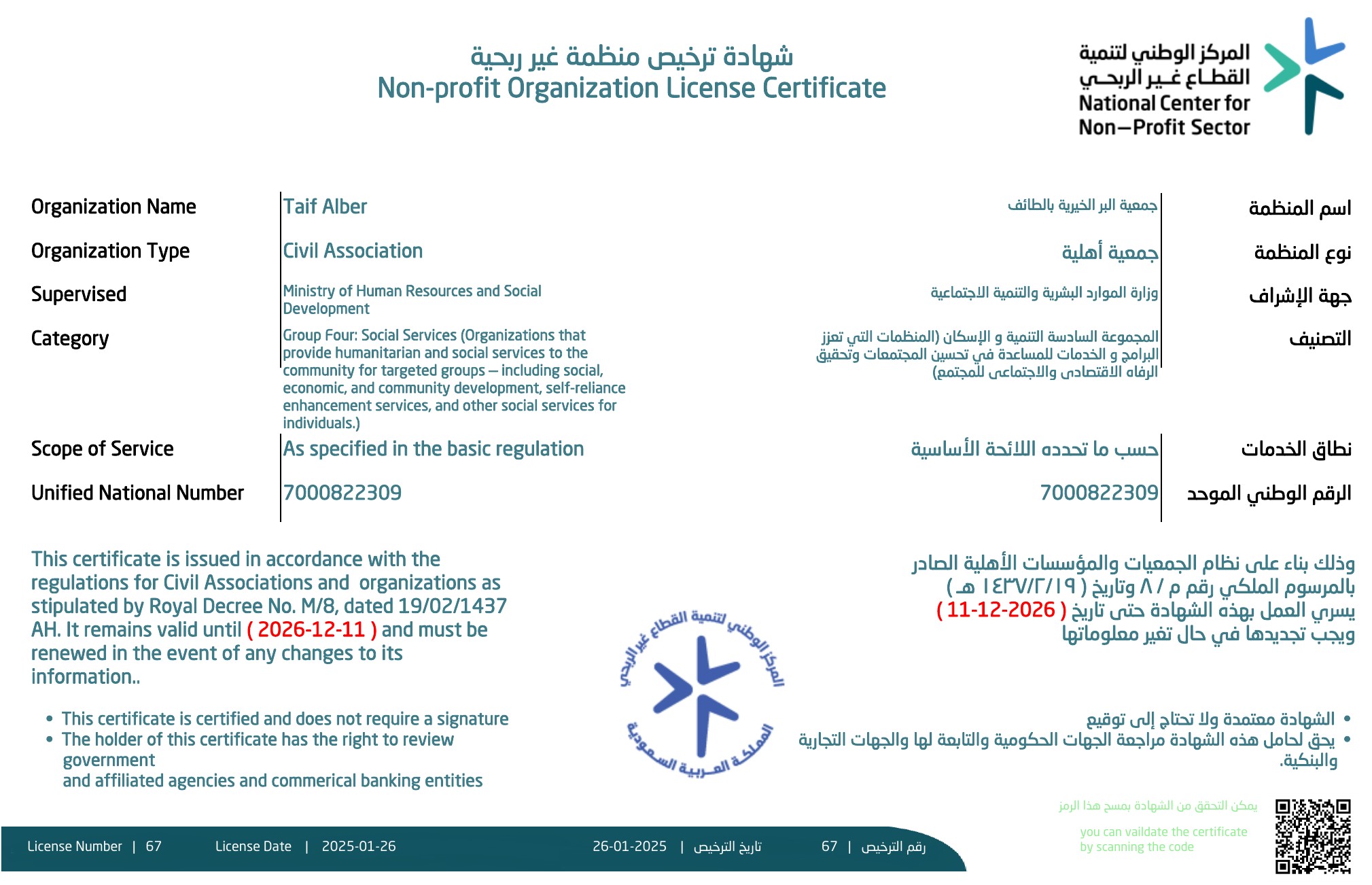 ترخيص جمعية البر الخيرية بالطائف رقم 67