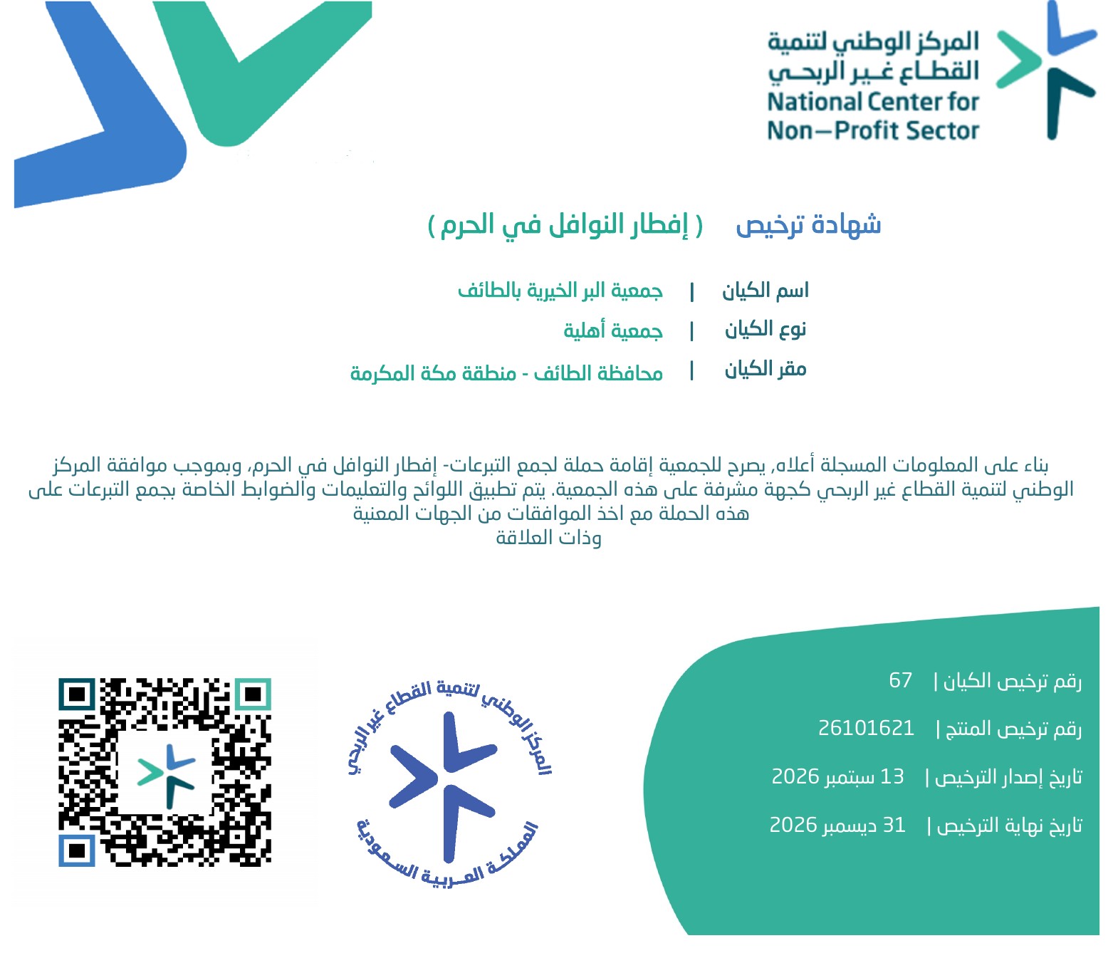 ترخيص حملة إفطار النوافل في الحرم - جمعية البر بالطائف
