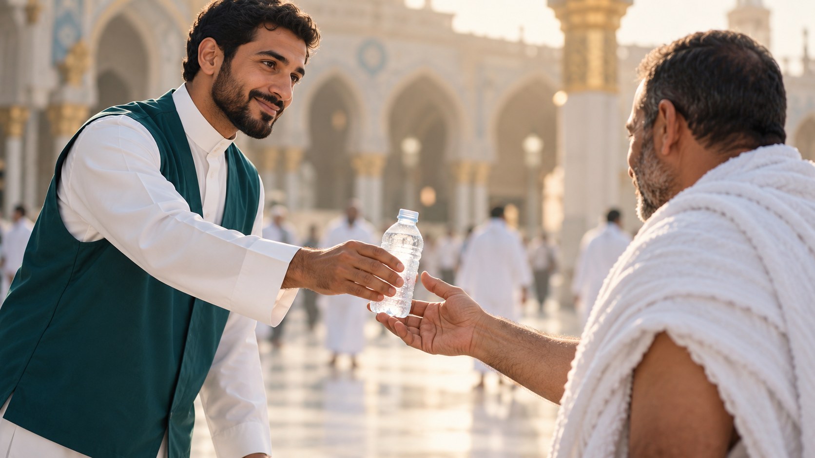 صورة تعبيرية لمتطوع يقدم عبوة ماء لمعتمر ضمن مفهوم سقيا ضيوف الرحمن