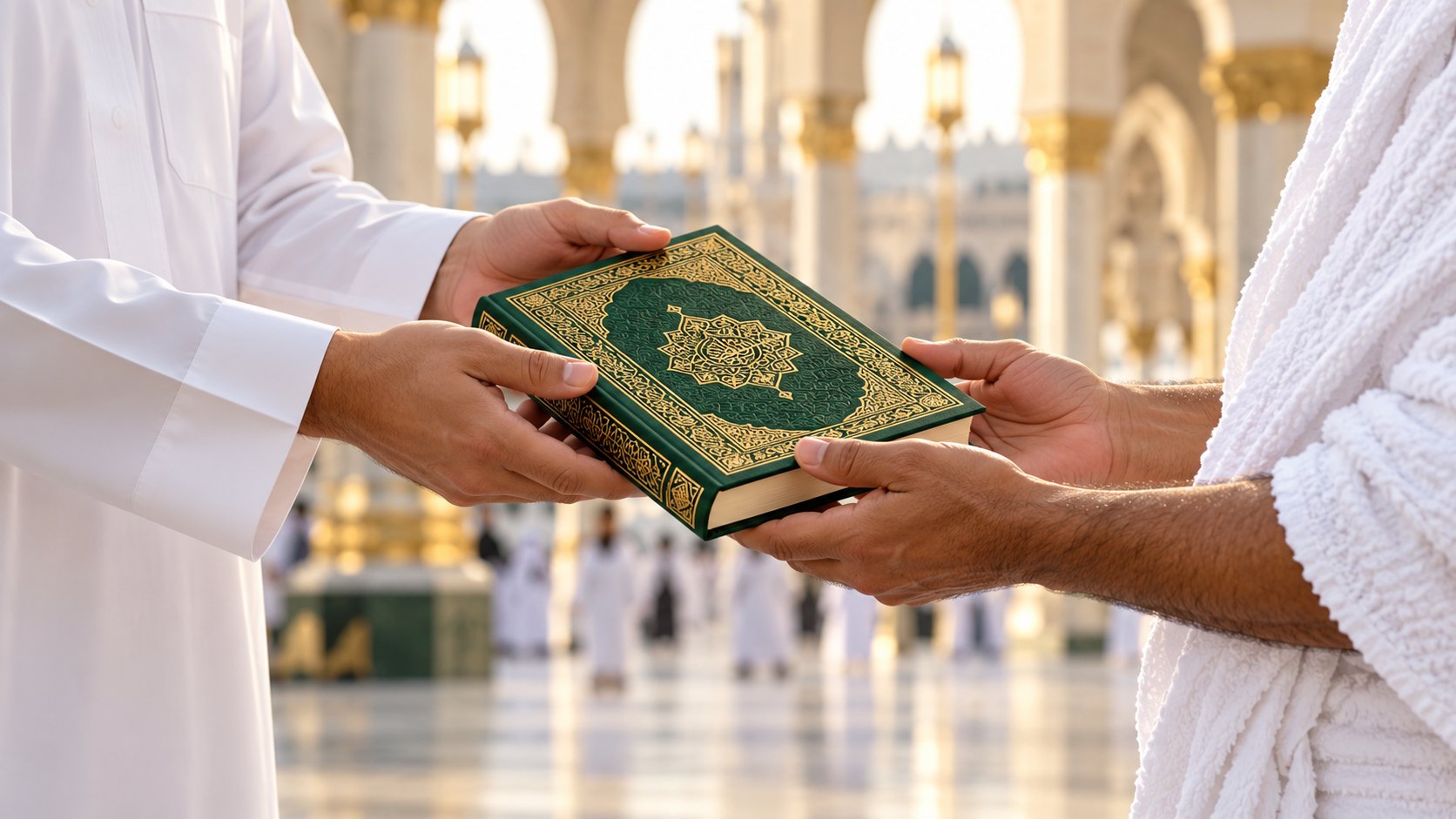 صورة تعبيرية لتقديم مصحف باحترام إلى معتمر، ضمن مفهوم وقف المصاحف لضيوف الرحمن